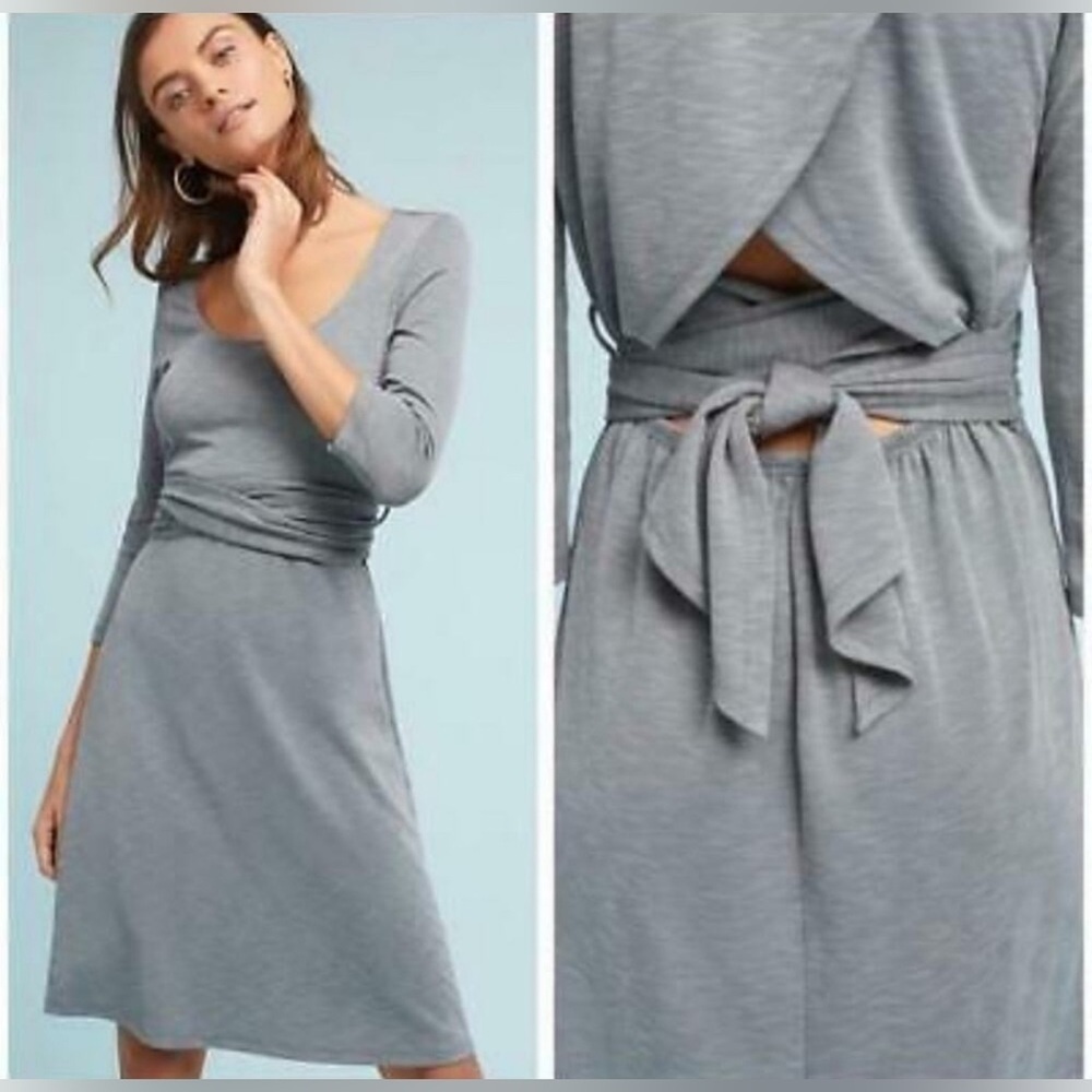 Anthro Amadi Tie-Waist Dress Open Back Modal Dress size Medium Petite Grey
